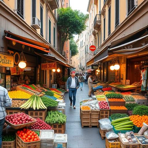 A busy street market in Rome, filled with vendors selling fresh produce and local goods.