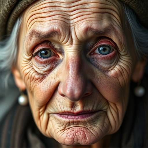 A close-up portrait of an elderly Italian woman with kind eyes and weathered skin, representing the wisdom and resilience of Italian culture.