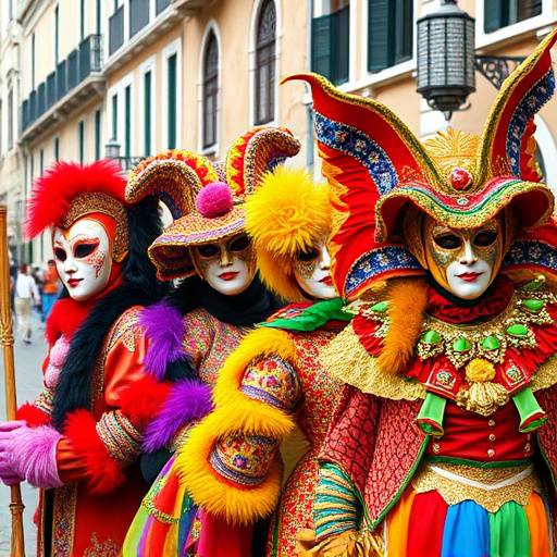 A colorful scene from the Venice Carnival, with people in elaborate costumes and masks.