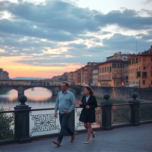 A couple enjoying an evening stroll along the Arno River in Florence, depicting a romantic scene.