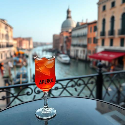 A glass of Aperol Spritz on a table overlooking the Grand Canal in Venice