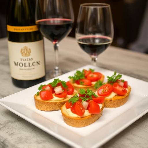 A glass of Italian wine next to a plate of bruschetta, highlighting a classic Italian appetizer.