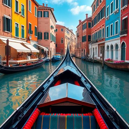 A gondola navigating the serene canals of Venice, Italy, with colorful buildings lining the waterway, reflecting in the water.