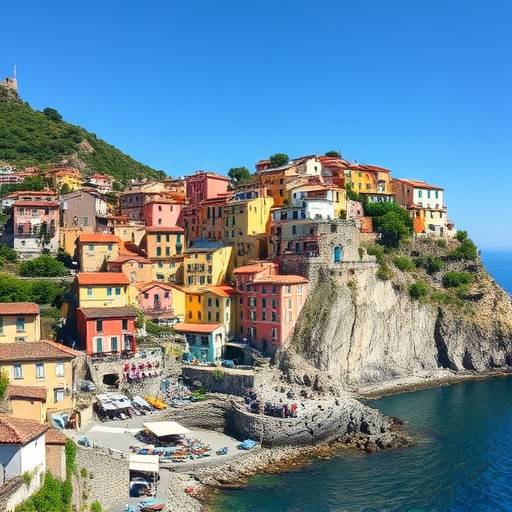A panoramic view of Cinque Terre colorful villages along the Ligurian coast