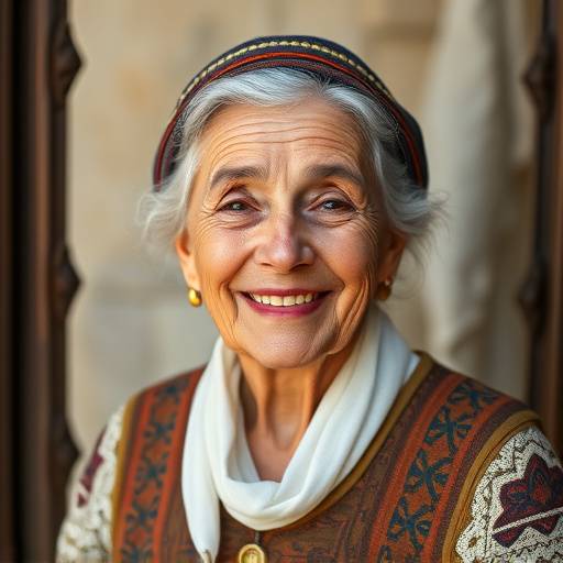 A portrait of an elderly Italian woman with a warm smile and traditional clothing