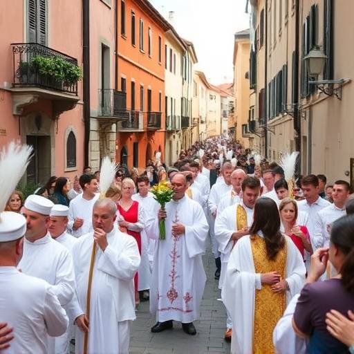 A religious procession during Easter in a small Italian town, depicting a solemn and traditional ceremony.