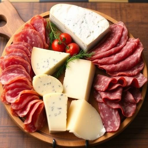 A selection of Italian cheeses and cured meats arranged artfully on a wooden board, showcasing Italian delicacies.