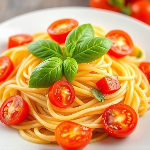 A vibrant plate of fresh pasta with tomatoes and basil, representing Italian cuisine.
