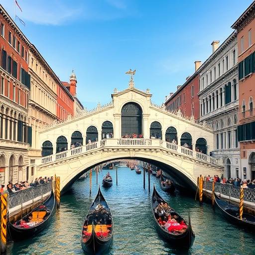 A view of the Rialto Bridge in Venice, bustling with people and gondolas