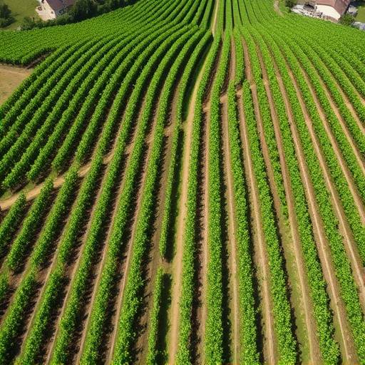 Aerial view of a vineyard in Chianti, Tuscany, showcasing neat rows of grapevines