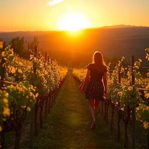 Behind-the-scenes shot of Elena Rossi photographing a vineyard in Tuscany at sunset, capturing the golden hour light