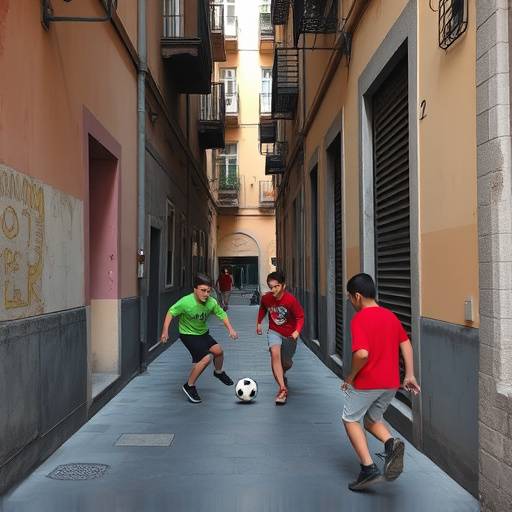 Children playing soccer in a narrow street in Naples, showcasing the vibrancy of urban life.