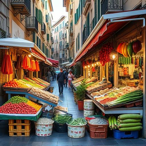 Colorful street market in Palermo with vendors selling fresh produce and seafood