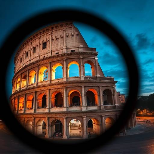 Contact Arte Italiana Photography: A camera lens focusing on the Colosseum in Rome, symbolizing our focus on capturing Italy's beauty.
