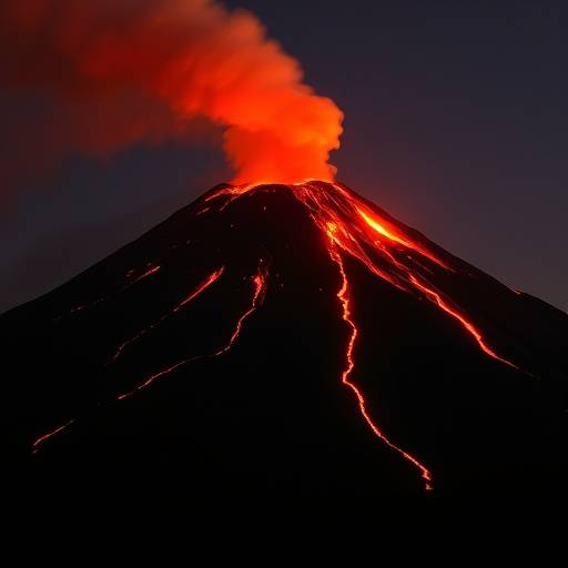 Mount Etna in Sicily erupting with lava and smoke during the night
