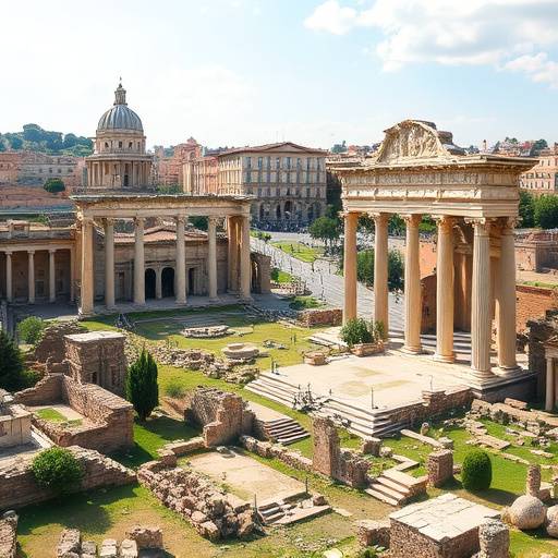Panoramic view of the Roman Forum ruins with ancient columns and structures