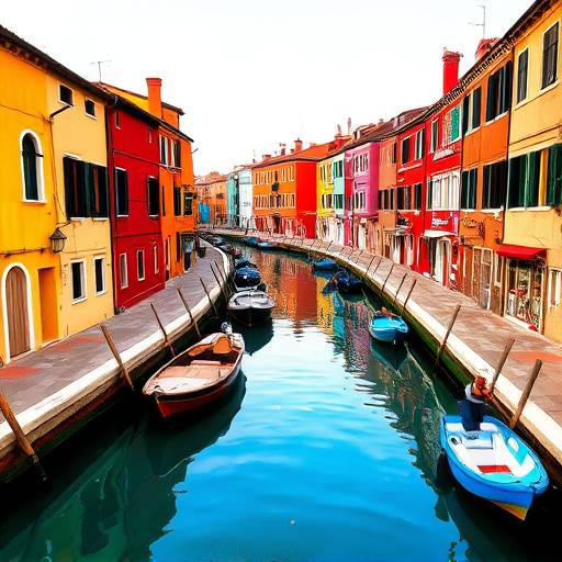 Photograph of the canals in Burano, known for its brightly painted houses, Venice