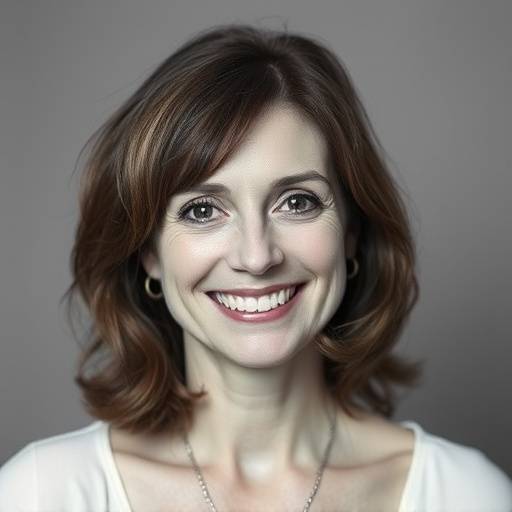 Portrait of Elena Rossi, a passionate Italian photographer, smiling warmly in her studio in Florence, Italy