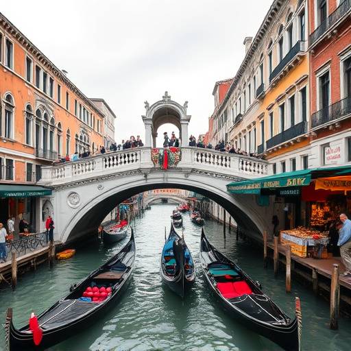 Rialto Bridge in Venice with vibrant market stalls and gondolas passing underneath