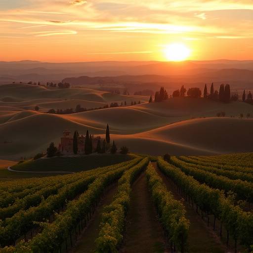 Rolling hills and vineyards of Tuscany under a warm sunset