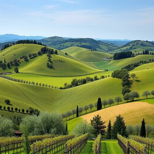 Rolling hills of Tuscany covered in vineyards and olive groves