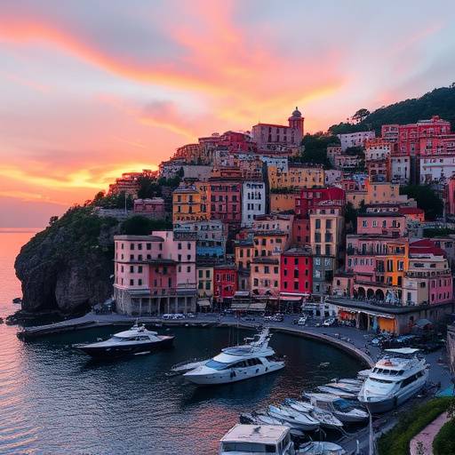 Sunset view of Amalfi town with its colorful buildings and harbor