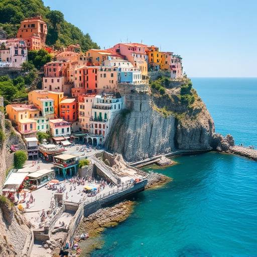 The Amalfi Coast coastline, showcasing colorful houses clinging to the cliffs, overlooking the turquoise Mediterranean Sea in Southern Italy.