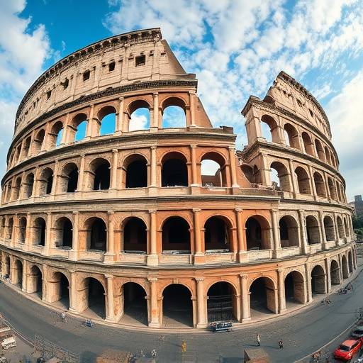 The ancient Roman Colosseum, captured from a wide angle, standing as a testament to the grandeur and history of the Roman Empire.