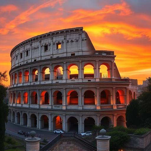 The Colosseum in Rome at sunset, bathed in warm light