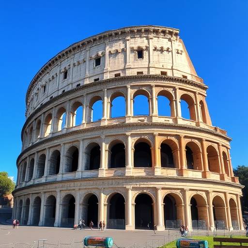 The Colosseum in Rome, Italy, under a bright blue sky