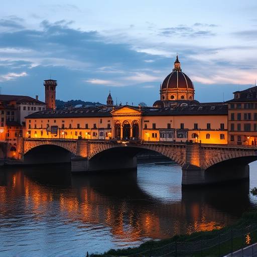 The Ponte Vecchio bridge in Florence, Italy, at dusk with soft lighting