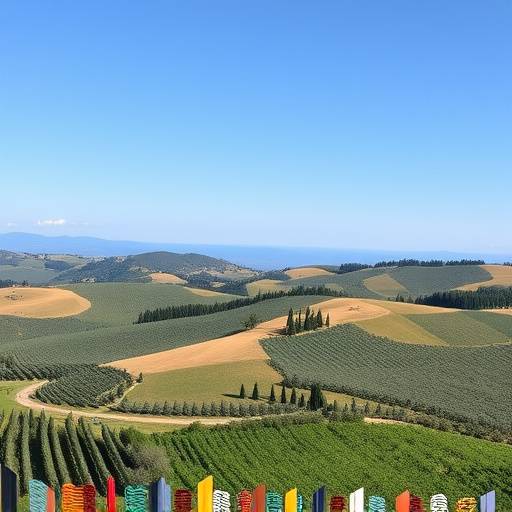 The rolling hills of Tuscany, Italy, covered in vineyards and olive groves under a clear blue sky, creating a picturesque landscape.