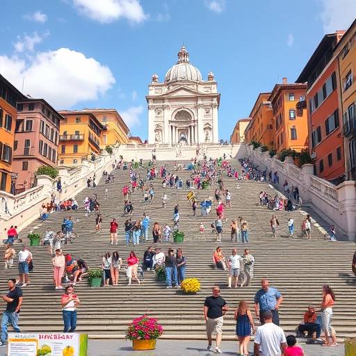 The Spanish Steps in Rome, adorned with flowers and people enjoying the view
