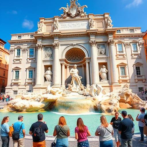 The Trevi Fountain in Rome with tourists throwing coins