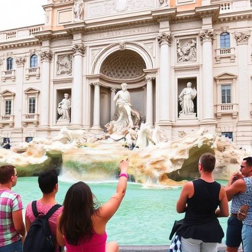 Trevi Fountain in Rome with tourists throwing coins into the water